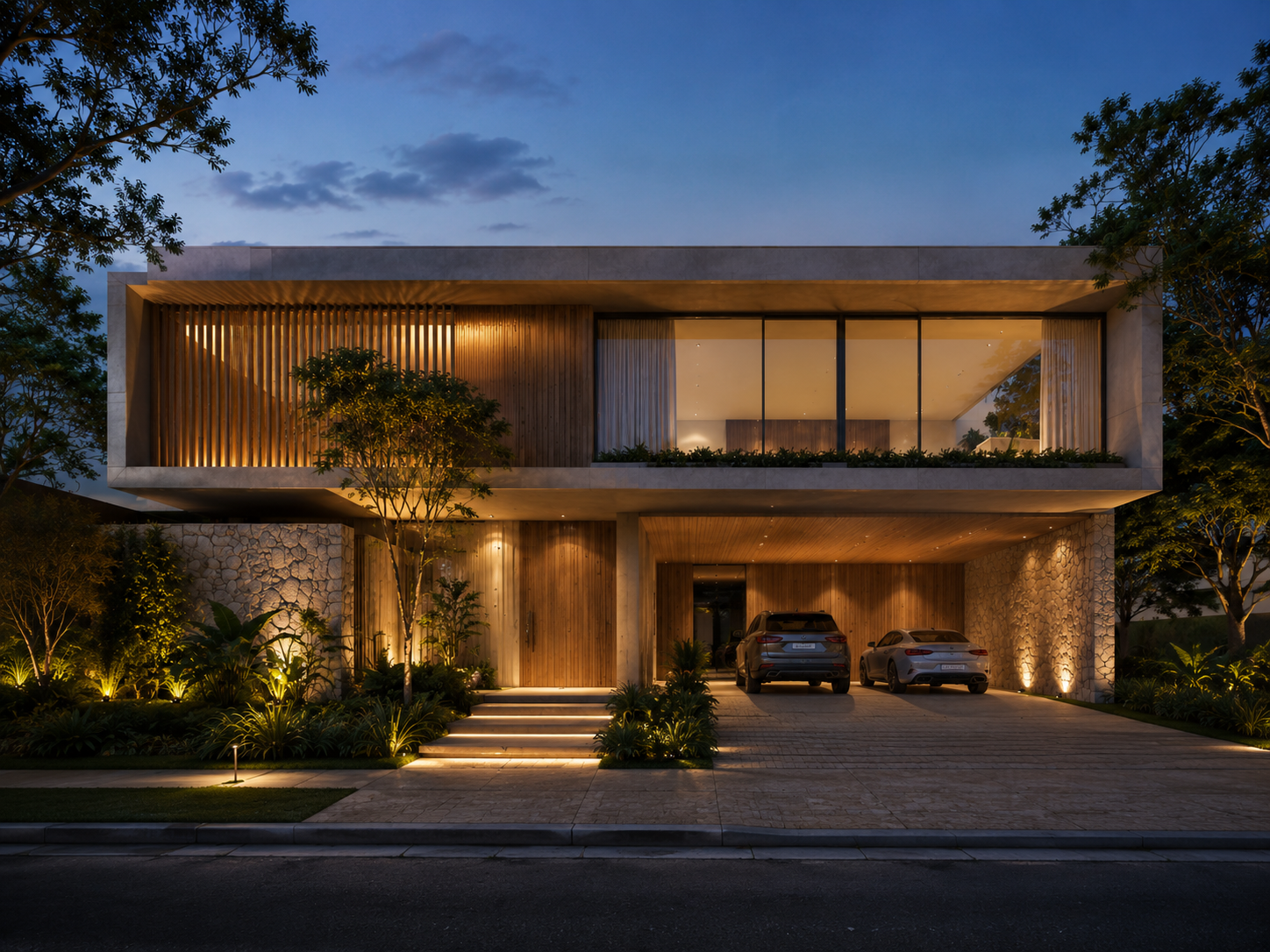 Fachada da residência tipo do Bonaventura ao entardecer